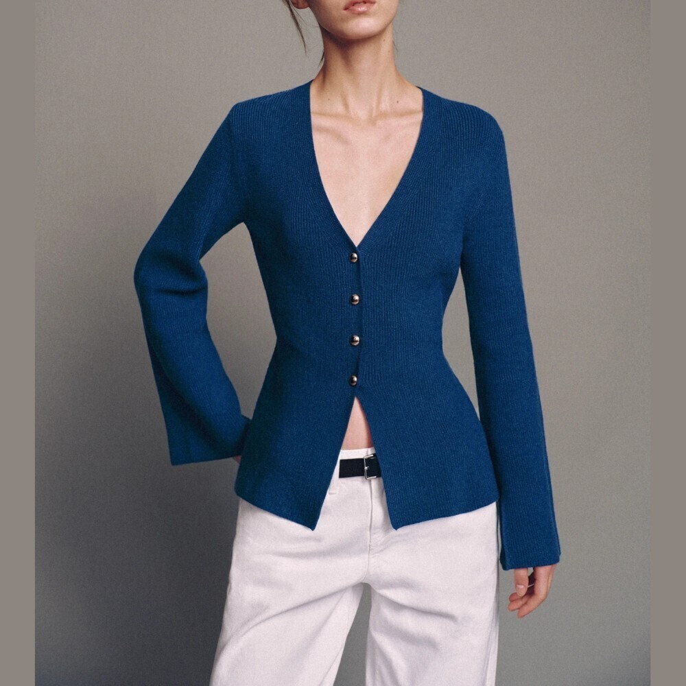 Deep Blue Ribbed Knit V Neck Button Front Fitted Cardigan